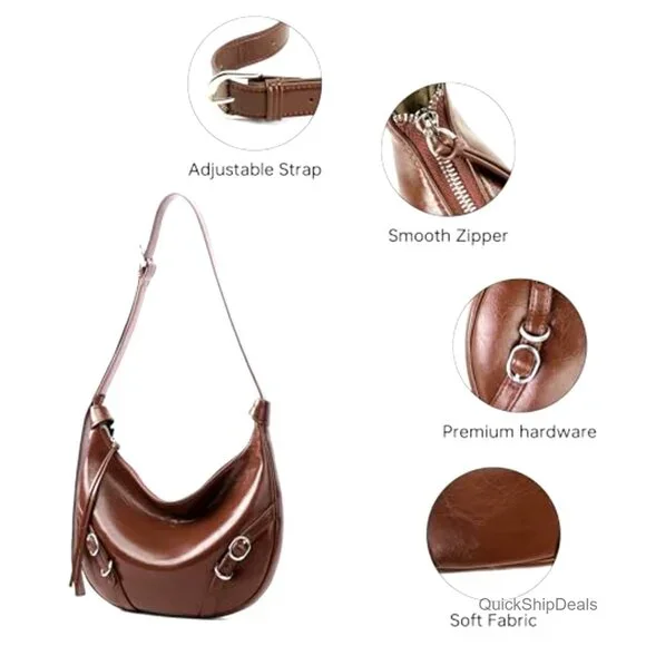 Vegan Leather Hobo Shoulder Bag Adjustable Strap Compact Travel Purse